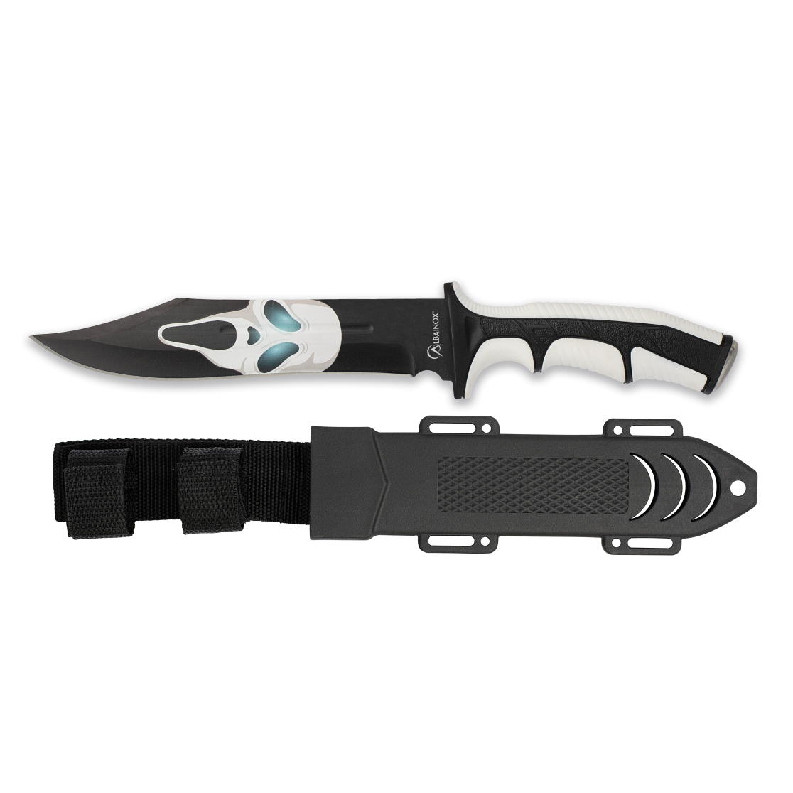 Faca tática de 32 cm com ABS preto e branco e cabo em borracha