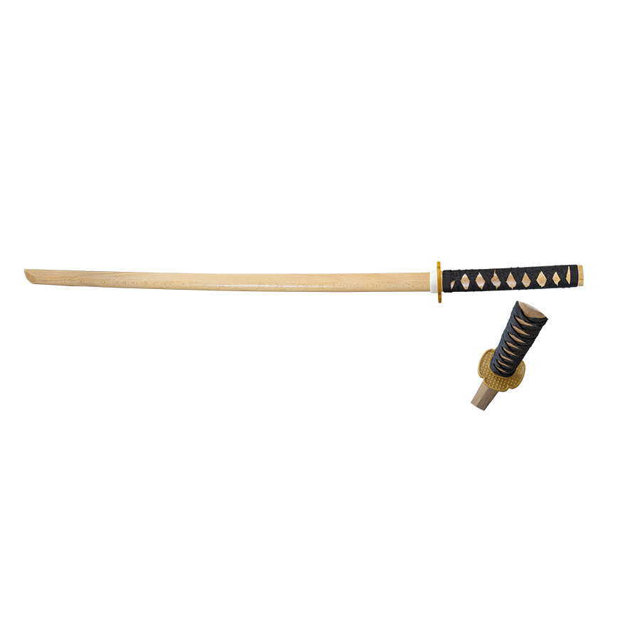 Katana d'entraînement en bois avec manche à cordes noires et tsuba doré