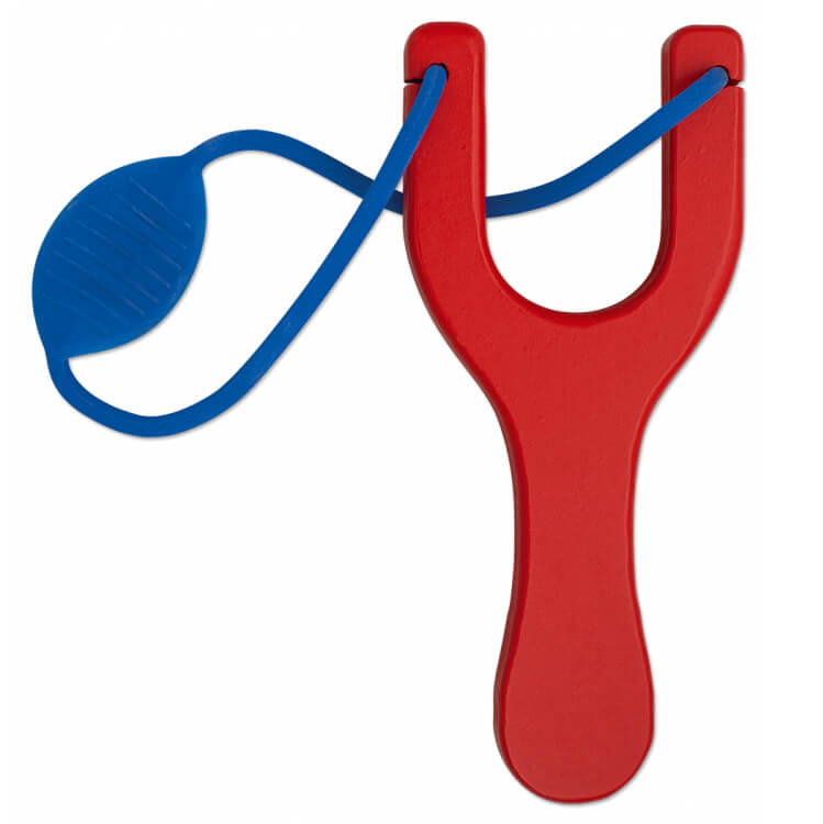 Tirachinas de madera lacada roja con goma azul