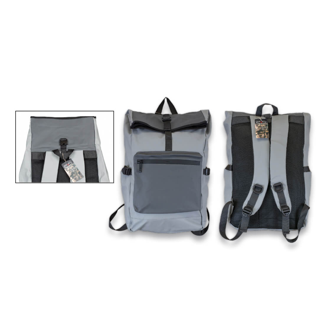 Mochila plegable gris con capacidad para 25 litros