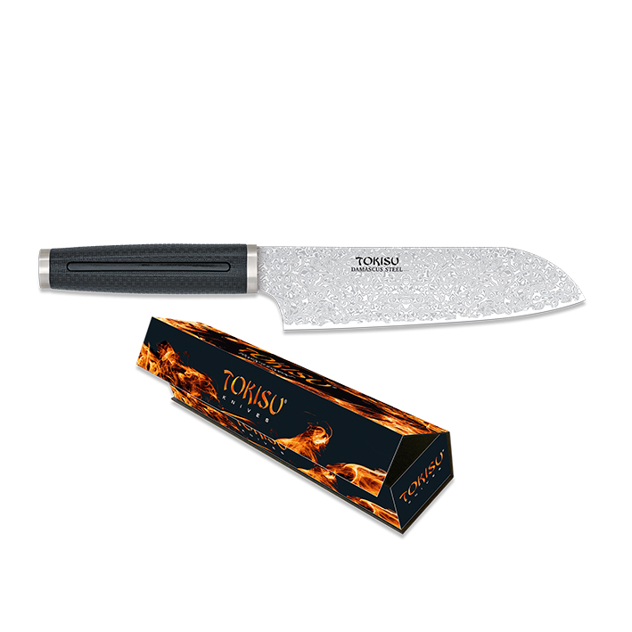 Faca de cozinha Santoku com lâmina de aço Damasco de 18 cm e cabo de borracha preta