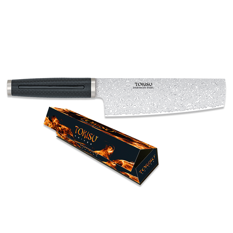Faca de cozinha Nakiri com lâmina de aço Damasco de 18 cm e cabo de borracha preta