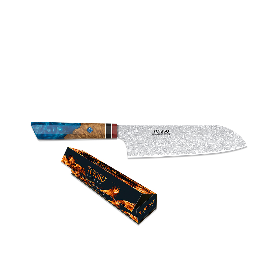 Santoku-Küchenmesser mit 19,5 cm langer Damaststahlklinge und blauem und braunem Staypak-Griff