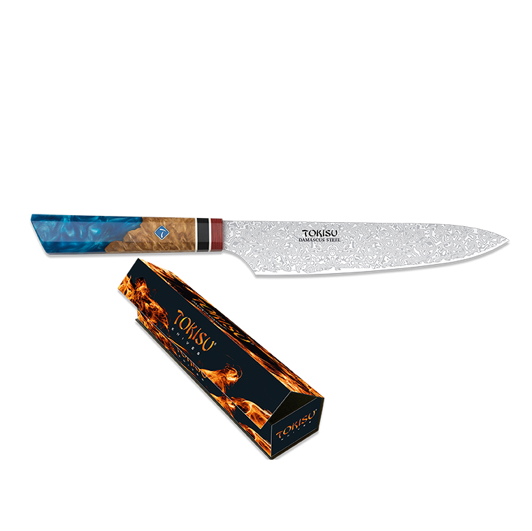 Faca de cozinha pequena gyuto com lâmina de aço Damasco de 19,5 cm e cabo Staypak azul e castanho