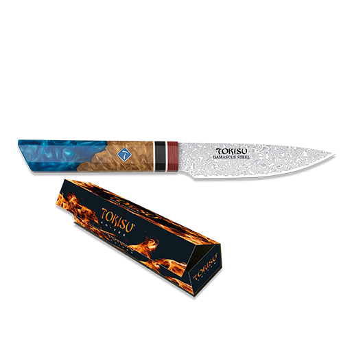 Cuchillo de cocina petty con hoja de acero damasco de 10.8 cm y mango de staypak azul y marrón