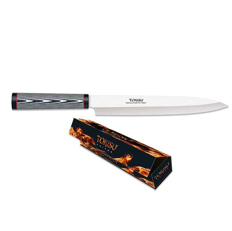 Cuchillo de cocina Yanagiba con hoja de 23 cm y mango de G10 patrón damasco