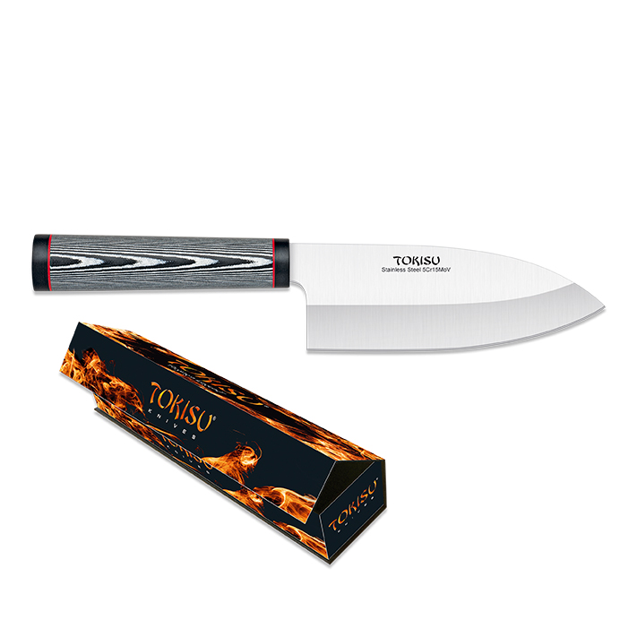 Cuchillo de cocina Deba con hoja de 16 cm y mango de G10 patrón damasco
