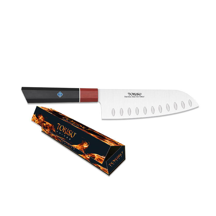 Santoku-Küchenmesser mit 17 cm Klinge und schwarzem und rotem G10-Griff