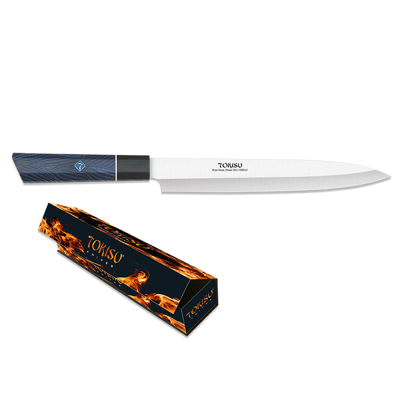 Cuchillo de cocina Yanagiba con hoja de 23 cm y mango de G10 azul y negro