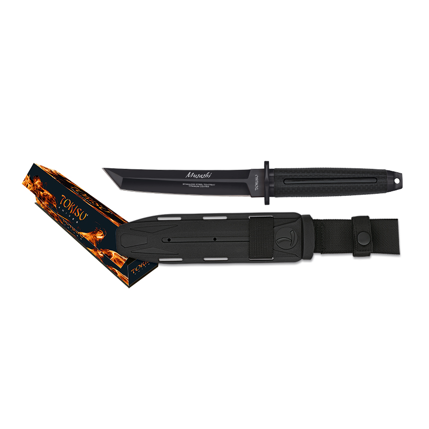 Cuchillo táctico Tokisu Musashi con mango de goma negra y hoja negra tipo tanto