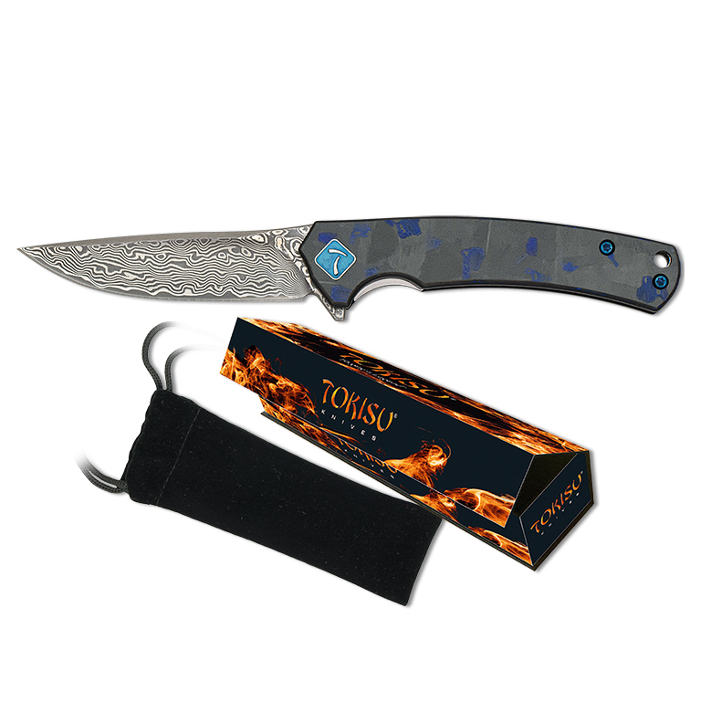 Navaja táctica Tokisu con hoja de damasco de 6.8 cm y mango de fibra de carbono y G10