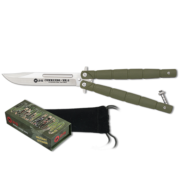Navaja mariposa K25 con hoja de acero inox de 10 cm y mango de G10 verde