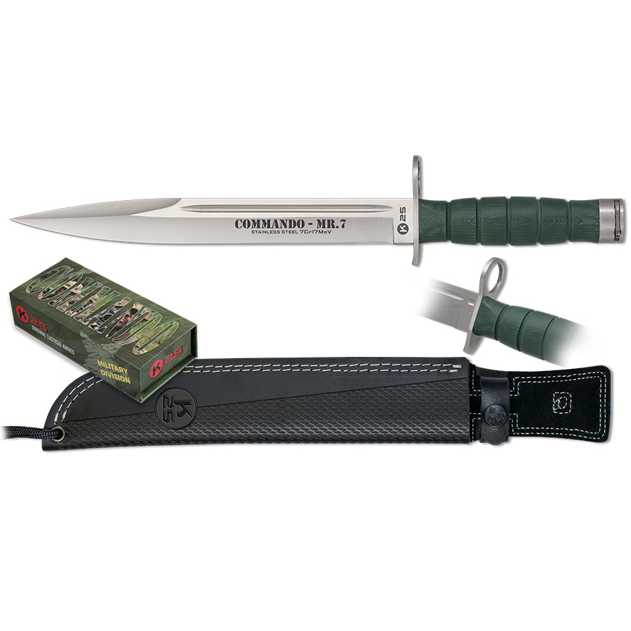 Cuchillo táctico K25 Commando MR7 con hoja de acero inox de 26 cm y mango de G10 verde