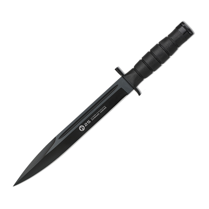 Cuchillo táctico K25 con hoja negra de 26 cm y mango de G10 negro
