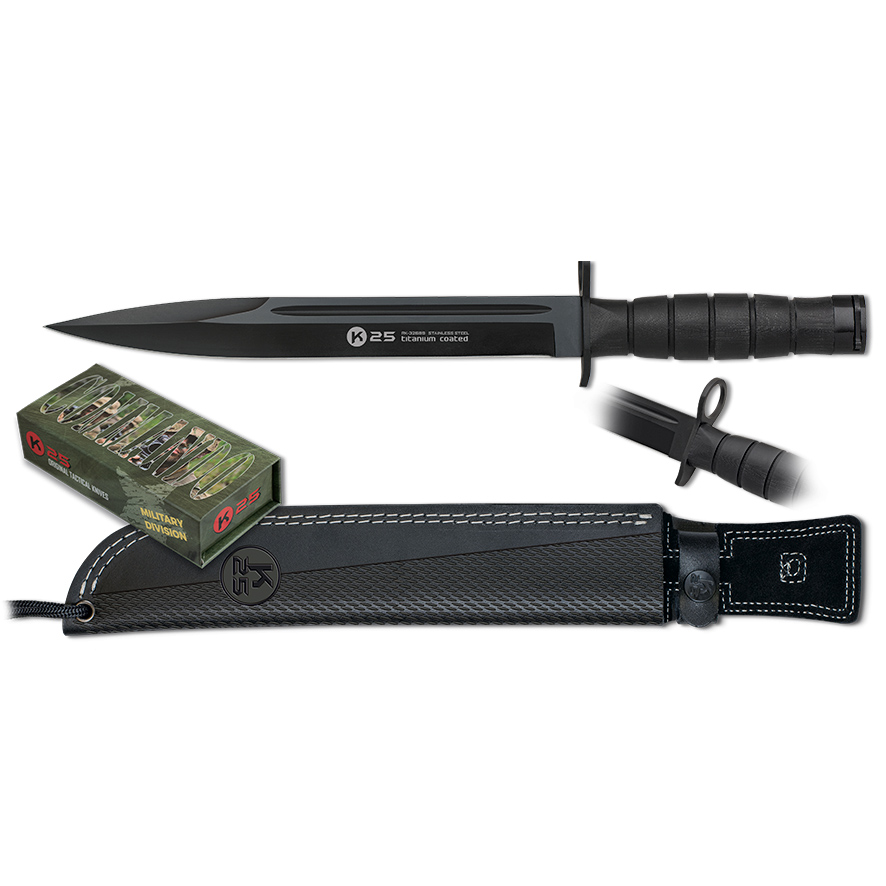 Cuchillo táctico K25 con hoja negra de 26 cm y mango de G10 negro