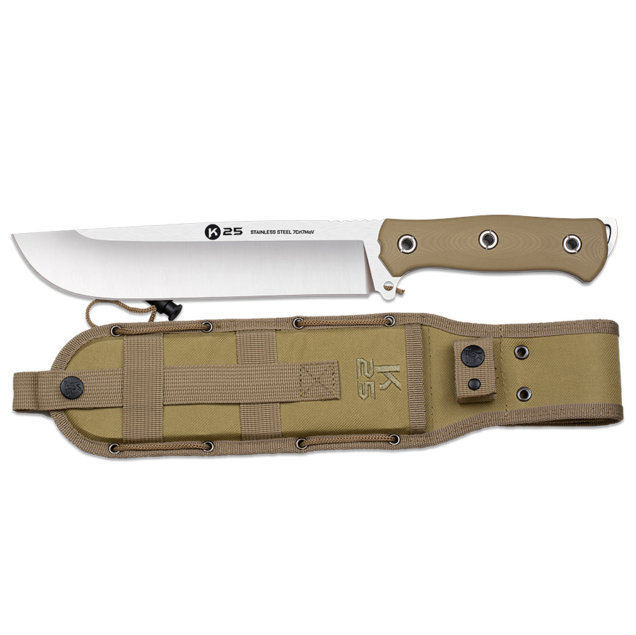 Taktisches K25-Messer mit 22 cm langer Machetenklinge und G10-Coyote-Griff