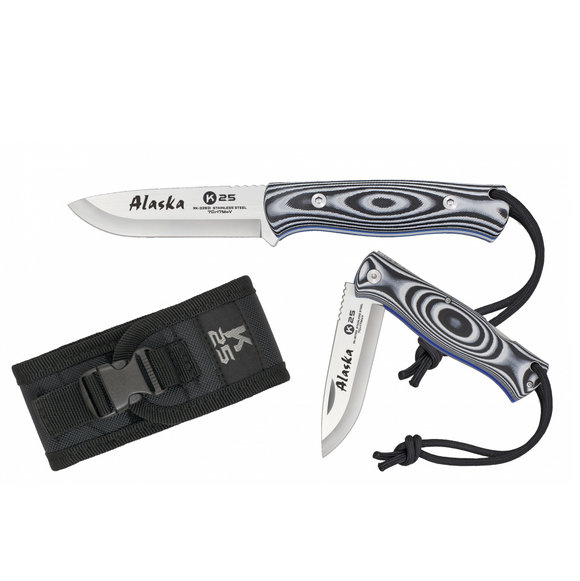 Navaja táctica Alaska K25 con hoja de 9 cm y mango de G10 blanco y negro