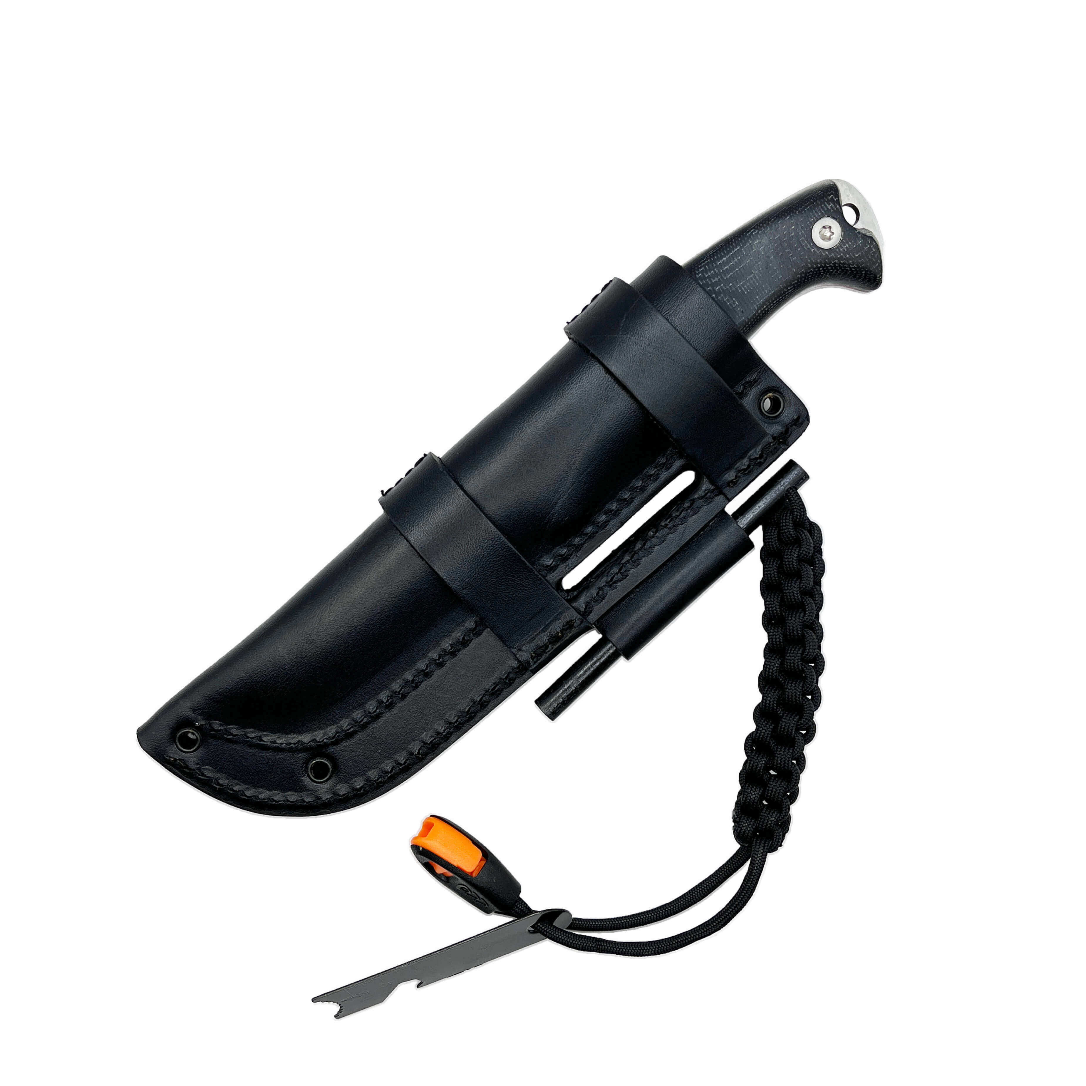 Amarok-4F Bushcraft-Messer mit schwarzem Micarta-Griff und 4-Zoll-Klinge mit flacher Kante und Feuerstein