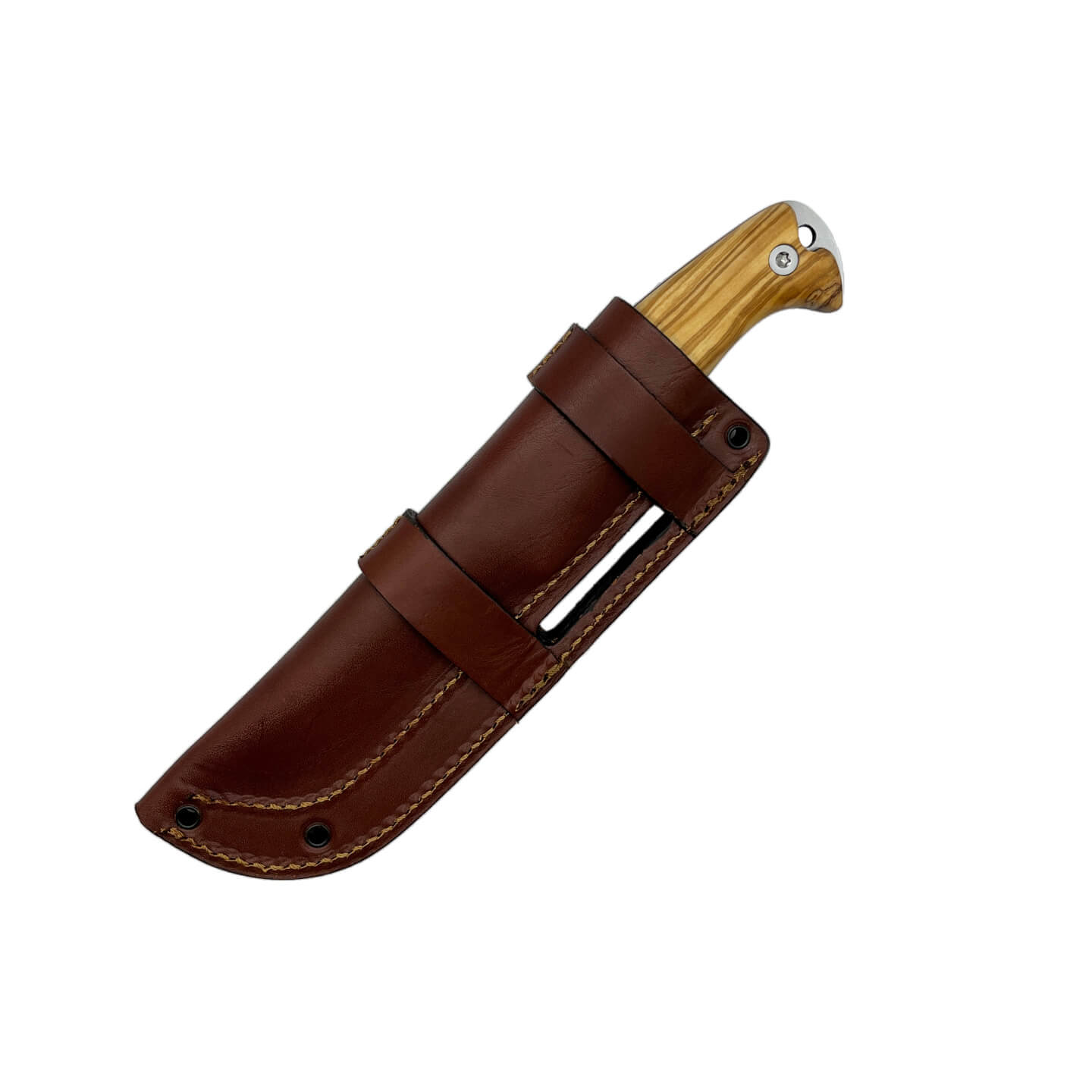 Cuchillo bushcraft Amarok-4F con mango de madera de olivo y hoja de 4" filo plano