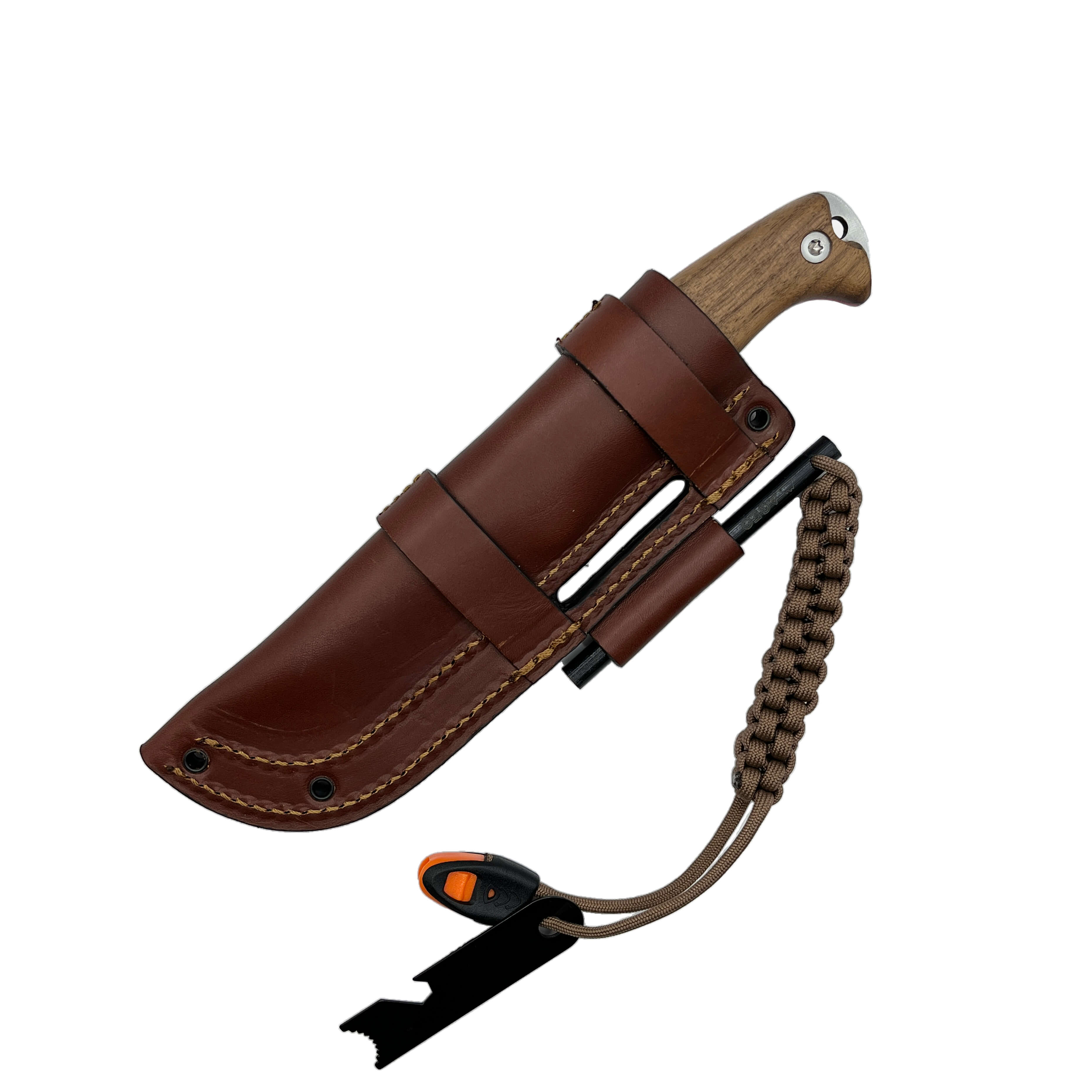 Couteau bushcraft Amarok-4F avec manche en bois de noyer et lame à bord plat de 4" avec silex