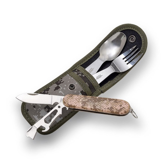 Cubierto camuflaje para camping con cuchara, tenedor y navaja mul...