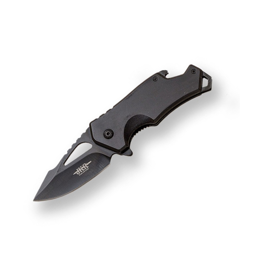 Navaja deportiva negra con mango de acero inox y hoja de 7 cm