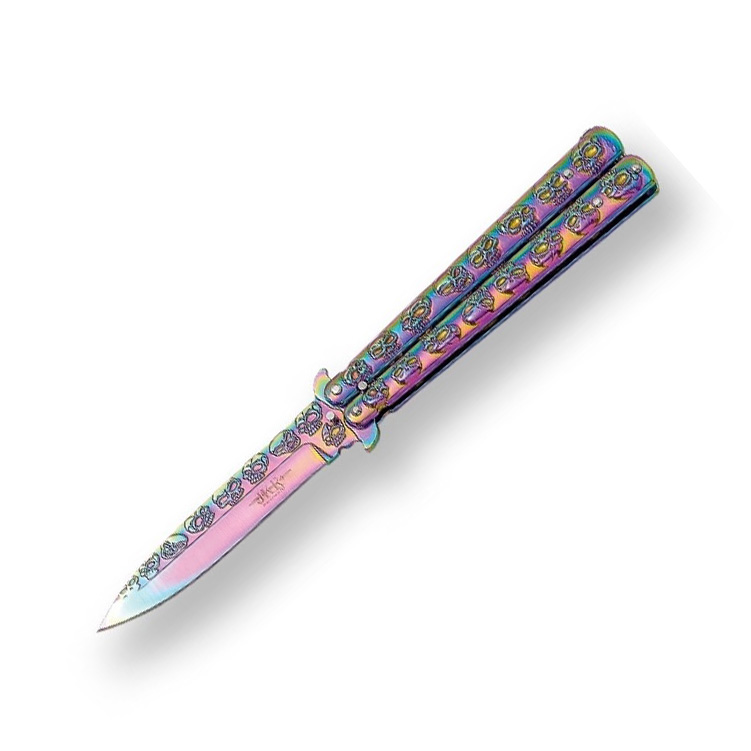 Regenbogen-Totenkopf-Butterflymesser mit 10 cm Klinge und Edelsta...