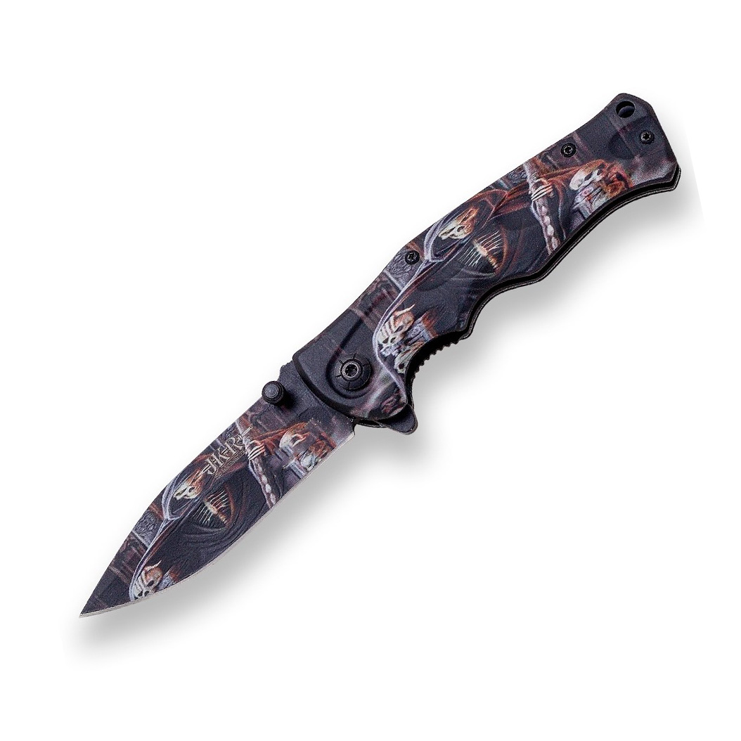 Navaja decorada con la muerte con hoja de 8.5 cm y mango de alumi...