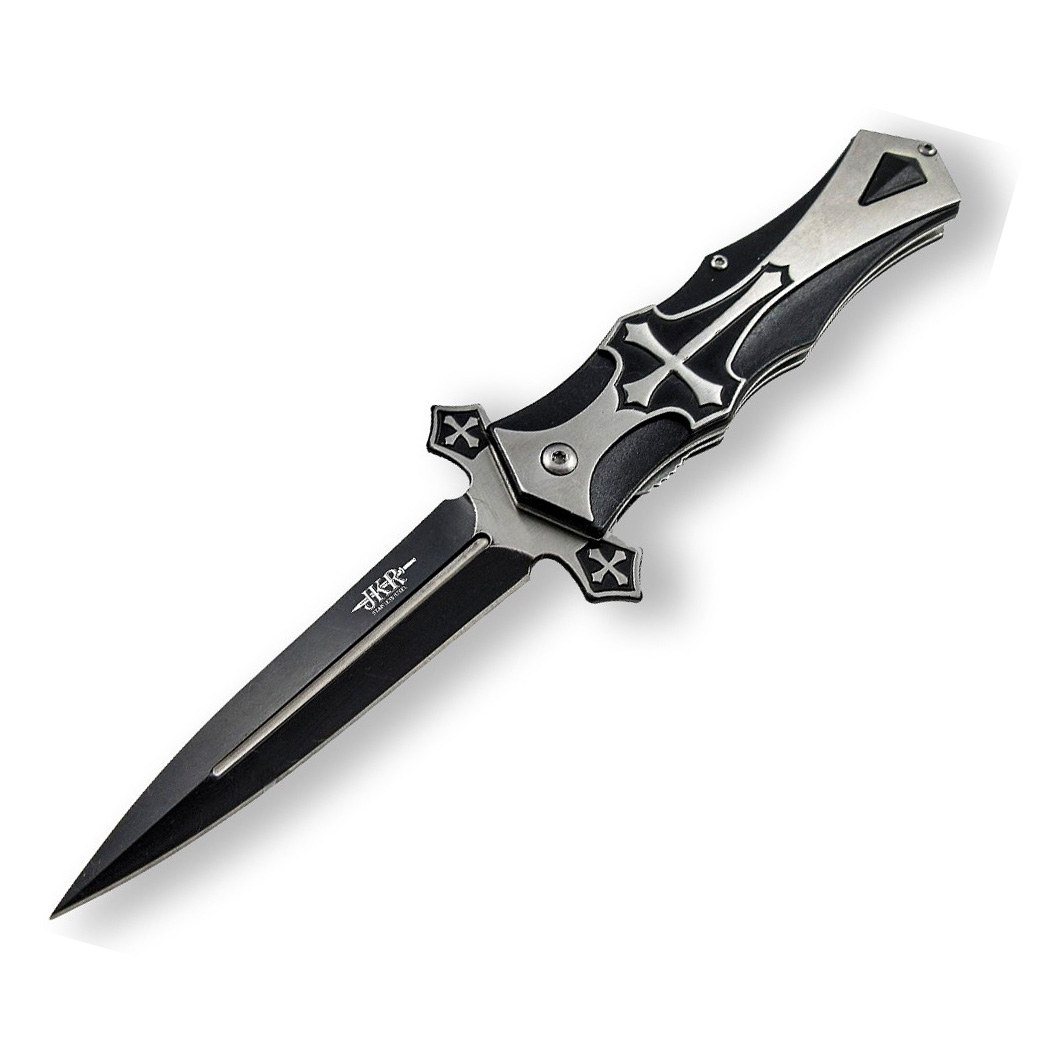 Navaja decorada con cruz cristiana con hoja negra de 9 cm y mango...