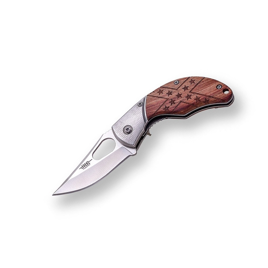 Navaja deportiva con mango de madera rosa con virola y hoja de 6....