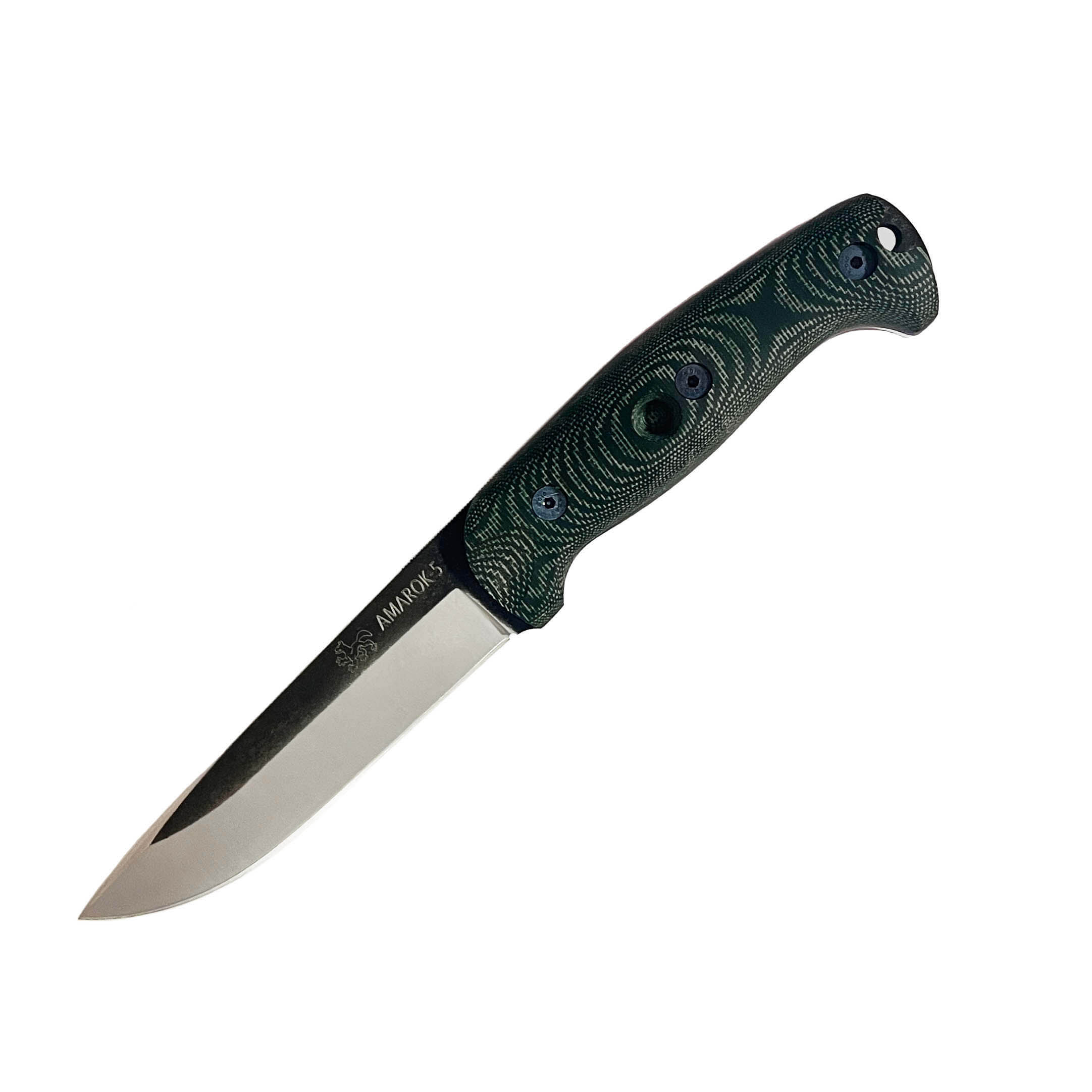 Cuchillo bushcraft Amarok 5 con mango de micarta canvas verde y h...