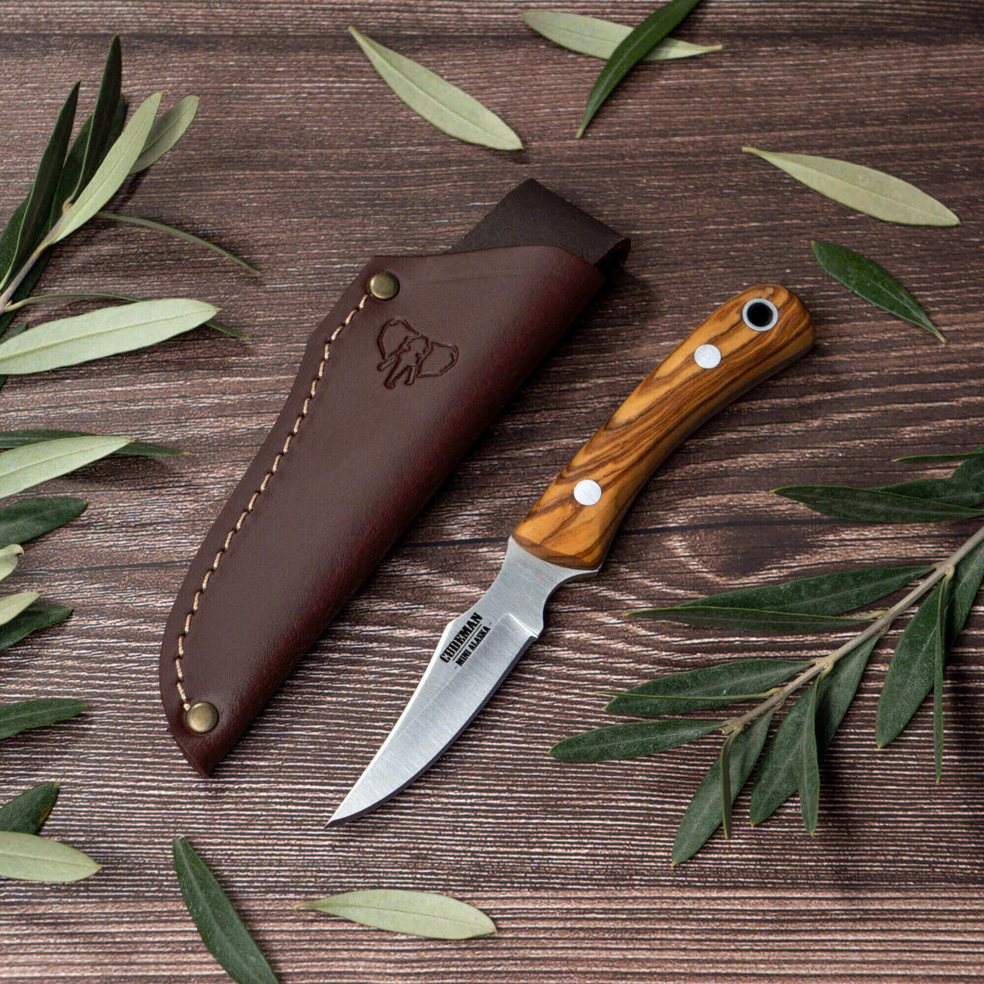 Cudeman Mini Alaska Knife with olive wood handle and leather sheath
