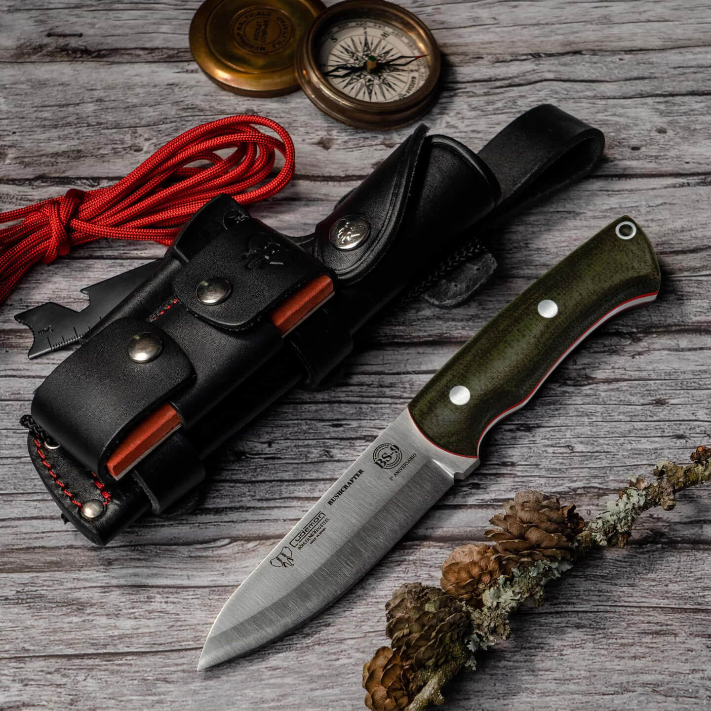 Cuchillo bushcraft Cudeman BS9. Mango micarta canvas. Incluye funda de cuero completa