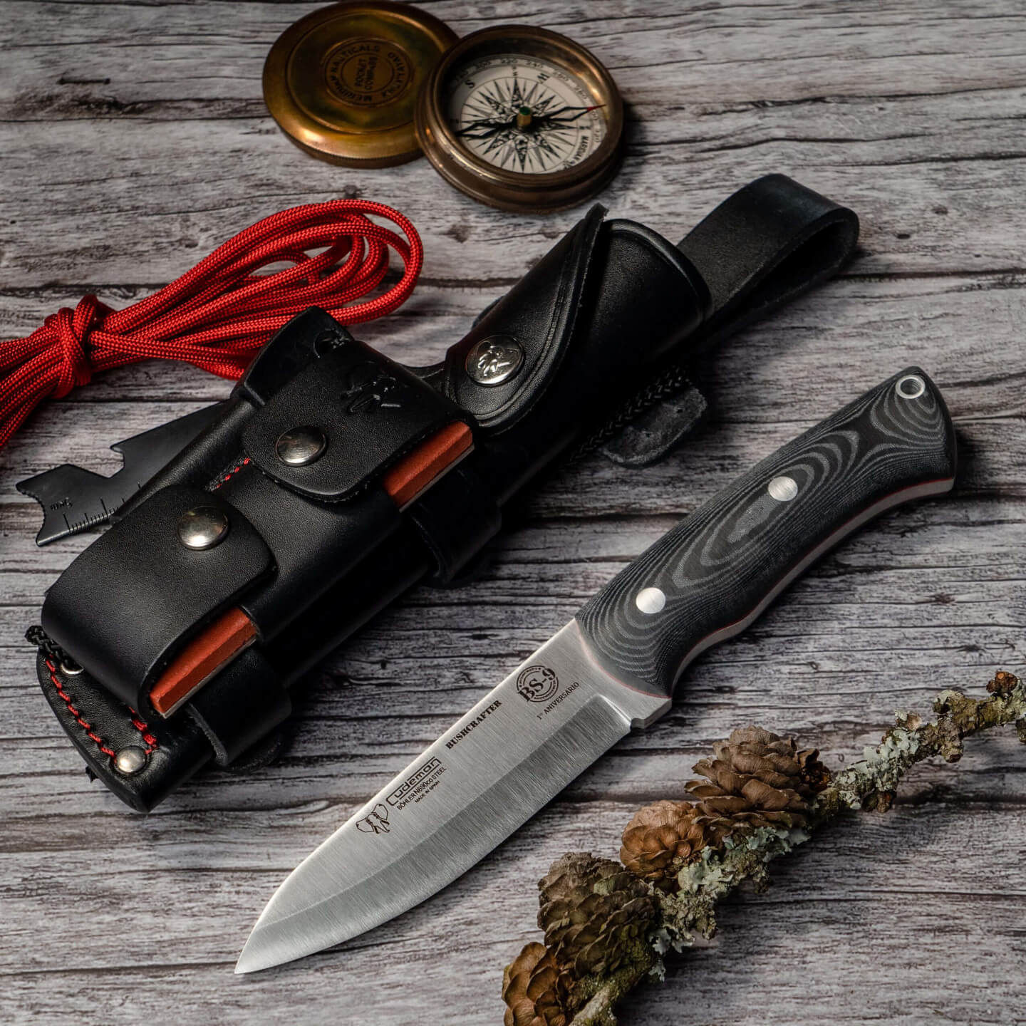 Cudeman BS9 bushcraft knife. Black micarta handle. Full leather sheath