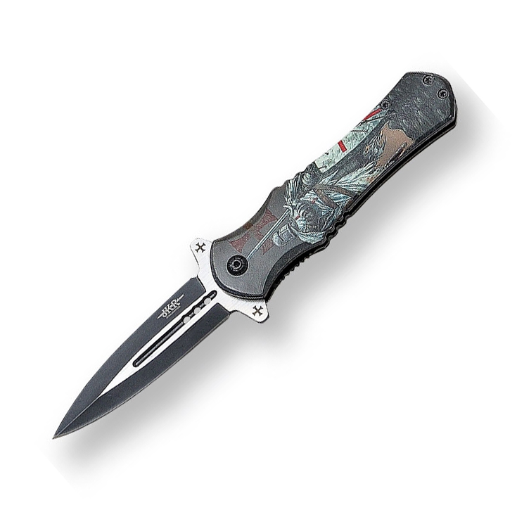 Navaja de bolsillo mango negro decorado con caballero templario y...