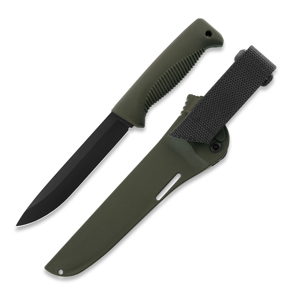 Puukko M95 Ranger knife with Teflon coated blade, green TPE handle and green composite sheath