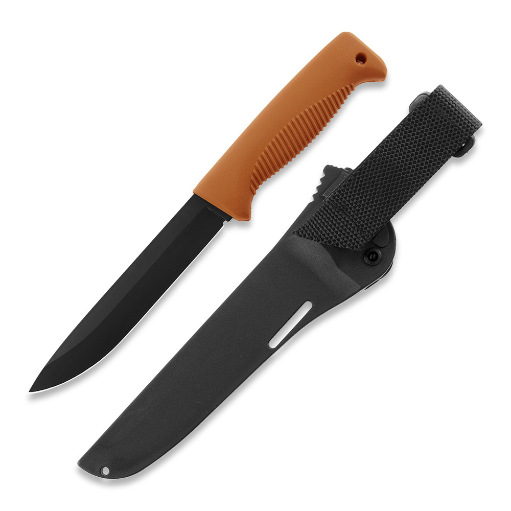 Couteau Ranger Puukko M95 avec lame revêtue de Téflon, manche en TPE orange et étui composite orange
