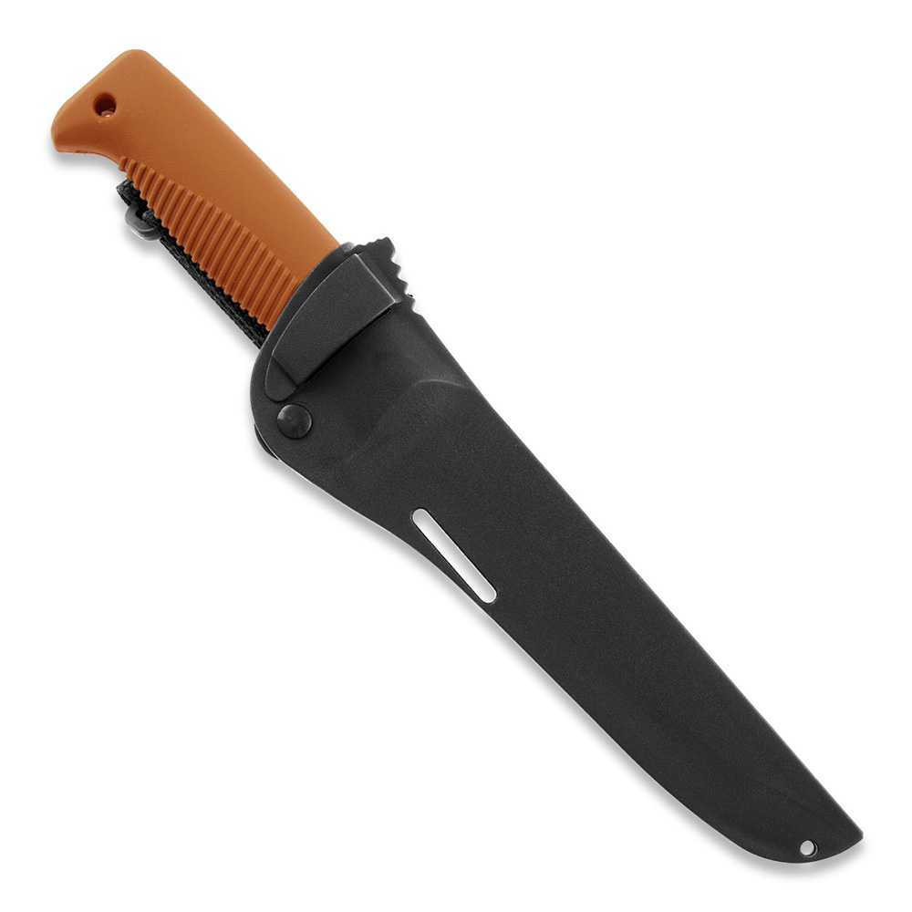 Couteau Ranger Puukko M95 avec lame revêtue de Téflon, manche en TPE orange et étui composite orange