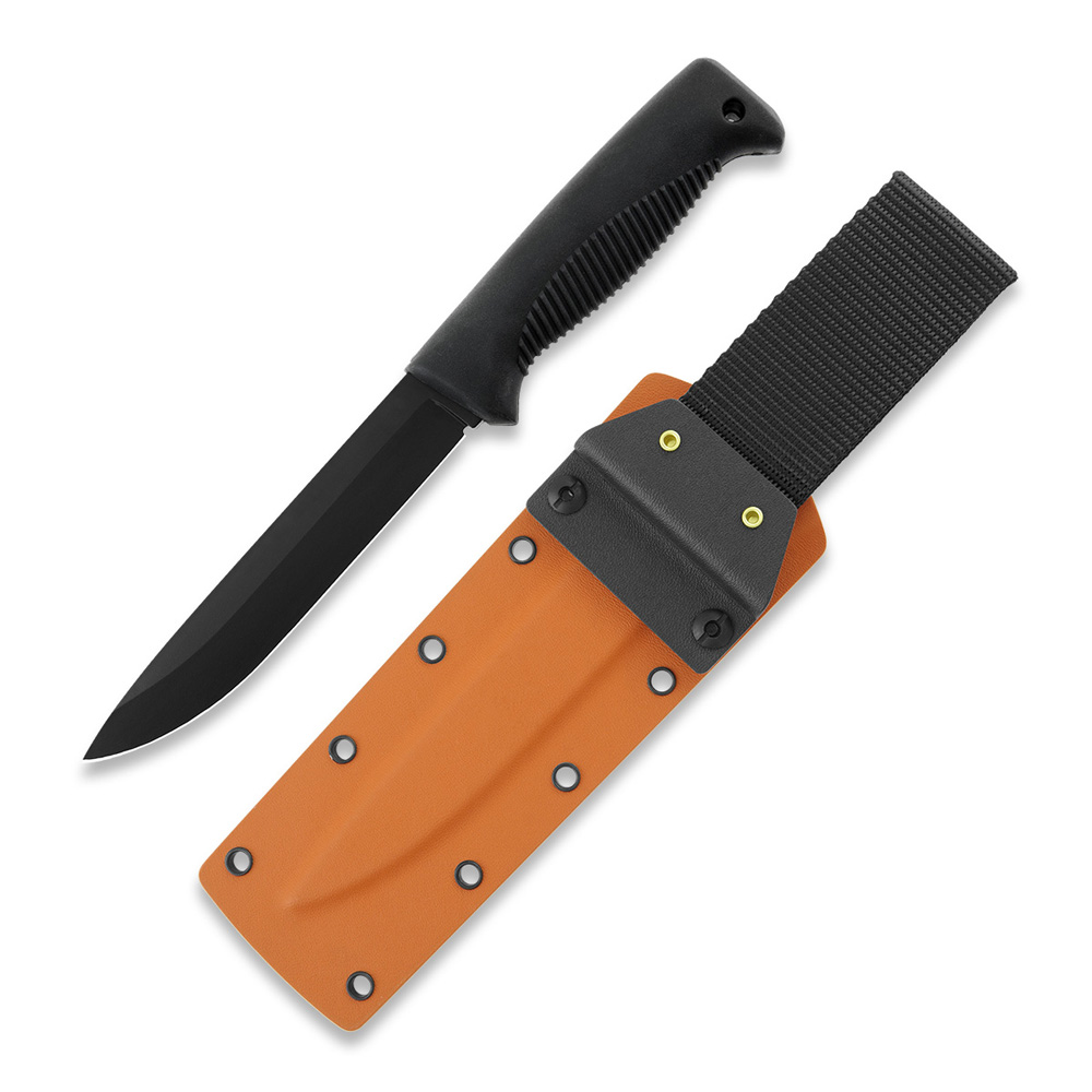 Cuchillo M95 Ranger Puukko con hoja teflonada, mango de TPE negro y funda kydex naranja
