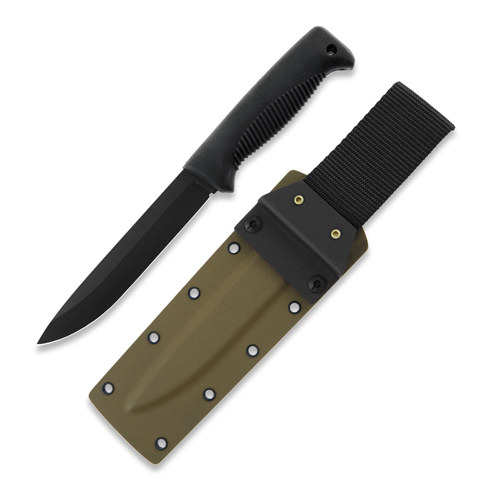 Couteau Puukko M95 Ranger avec lame revêtue de Téflon, manche en TPE noir et étui en kydex coyote