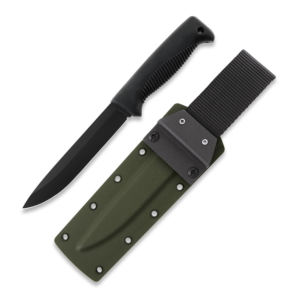Cuchillo M95 Ranger Puukko con hoja teflonada, mango de TPE negro y funda kydex verde