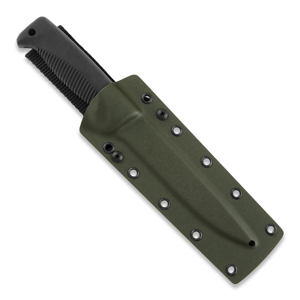 Cuchillo M95 Ranger Puukko con hoja teflonada, mango de TPE negro y funda kydex verde