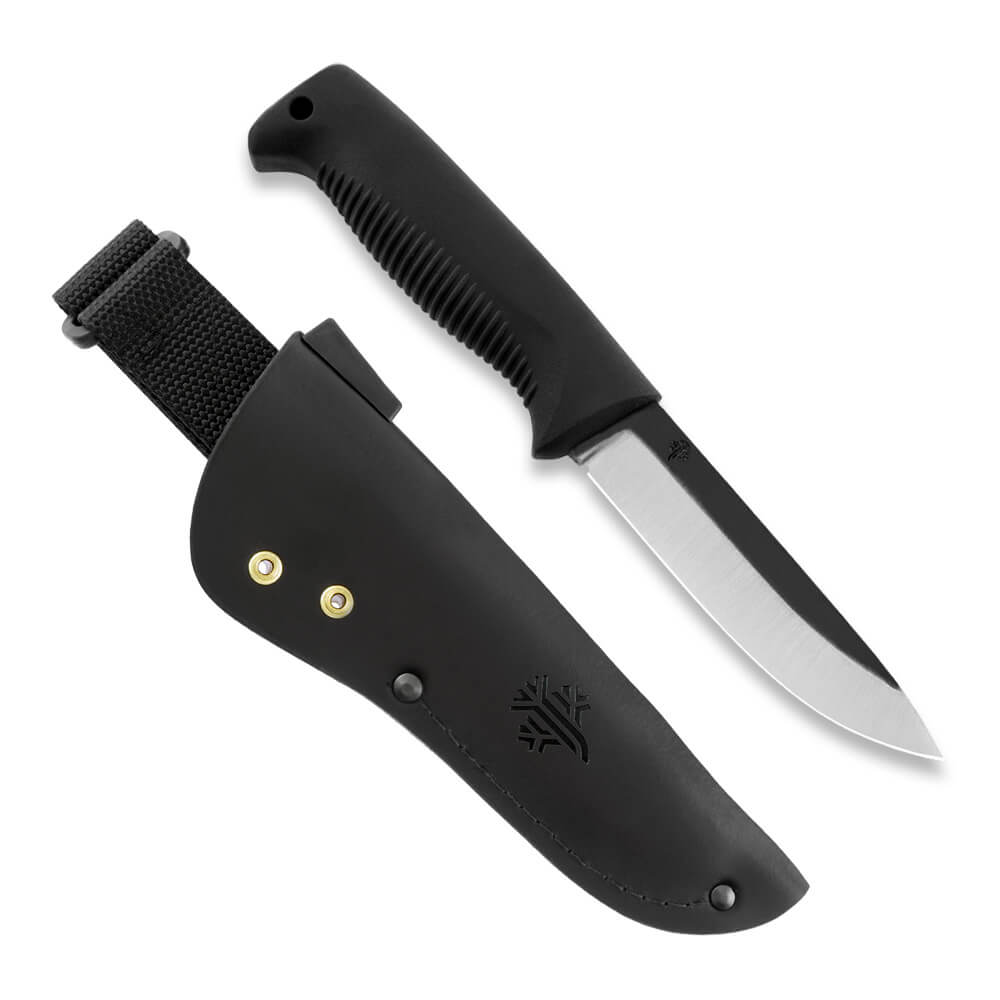 Cuchillo M07 Ranger Puukko con mango de TPE negro y funda de piel...