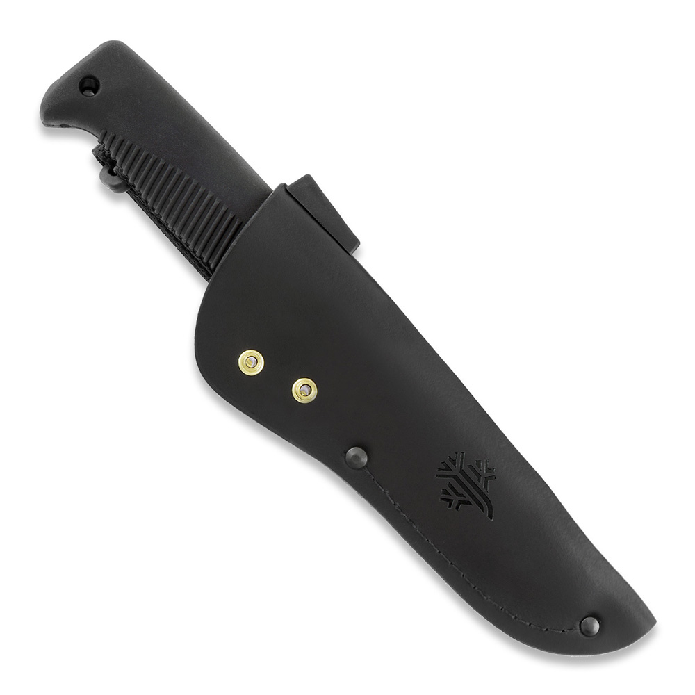 Cuchillo M07 Ranger Puukko con recubrimiento PTFE negro en la hoja y mango de TPE negro  y funda de piel negra
