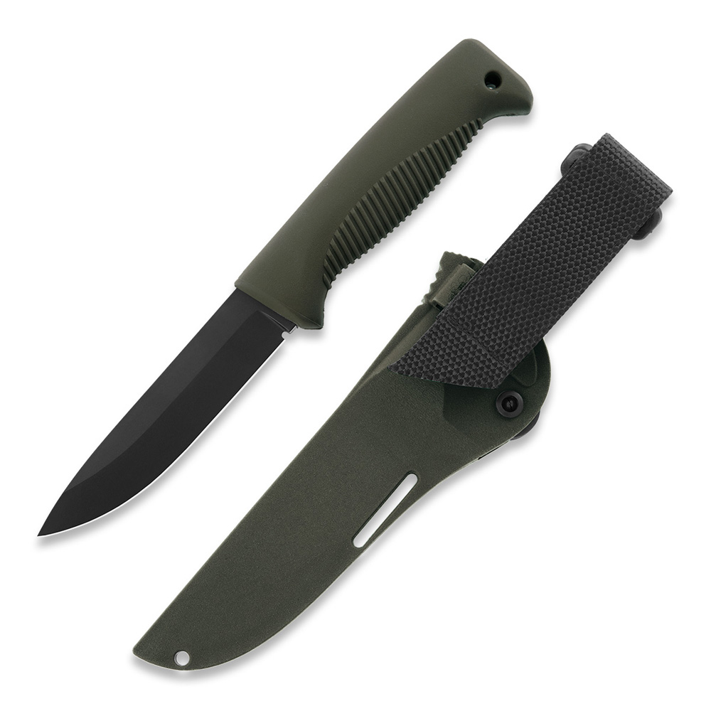 Cuchillo M07 Ranger Puukko con recubrimiento PTFE negro en la hoja y mango de TPE verde y funda de composite verde