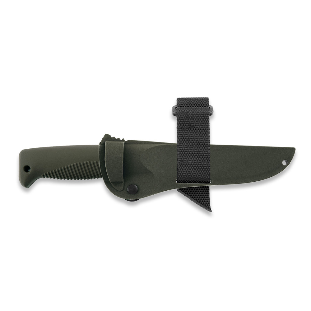 Cuchillo M07 Ranger Puukko con recubrimiento PTFE negro en la hoja y mango de TPE verde y funda de composite verde