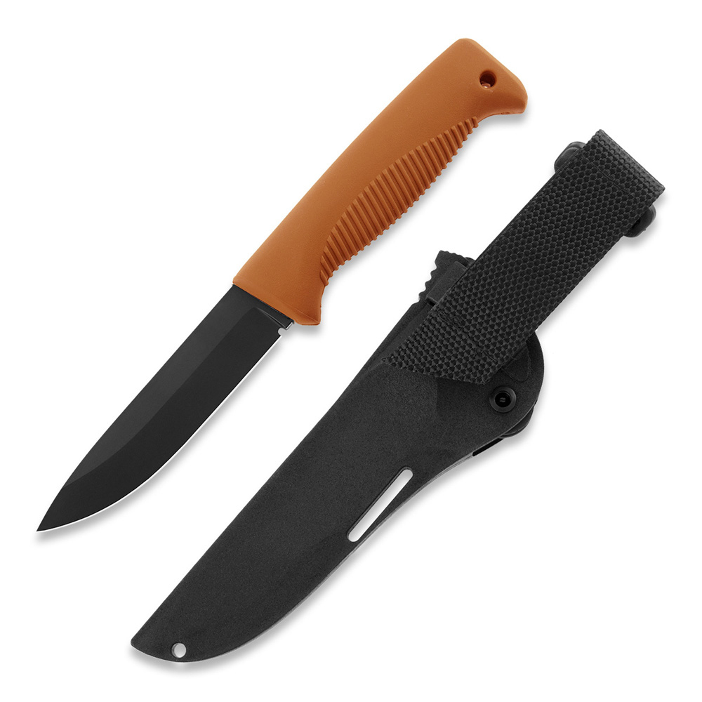 Couteau Ranger Puukko M07 avec revêtement PTFE noir sur la lame et manche TPE orange et étui composite noir