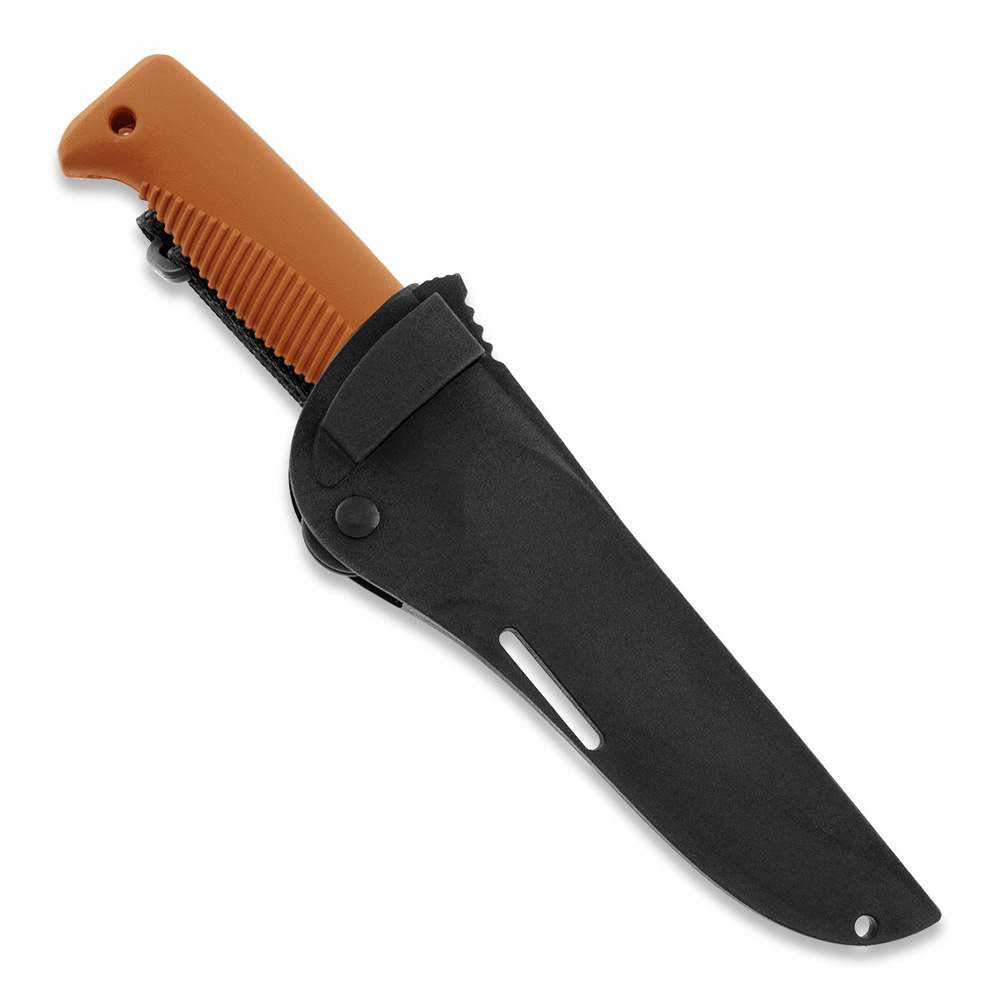 Couteau Ranger Puukko M07 avec revêtement PTFE noir sur la lame et manche TPE orange et étui composite noir