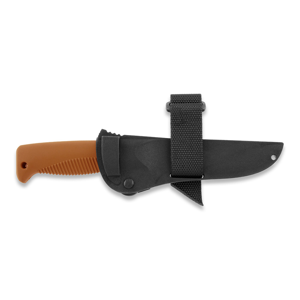 Couteau Ranger Puukko M07 avec revêtement PTFE noir sur la lame et manche TPE orange et étui composite noir
