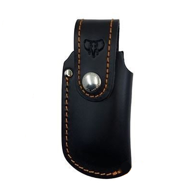 Funda para navaja Cudeman, cuero negro y tela naranja. 12 cm